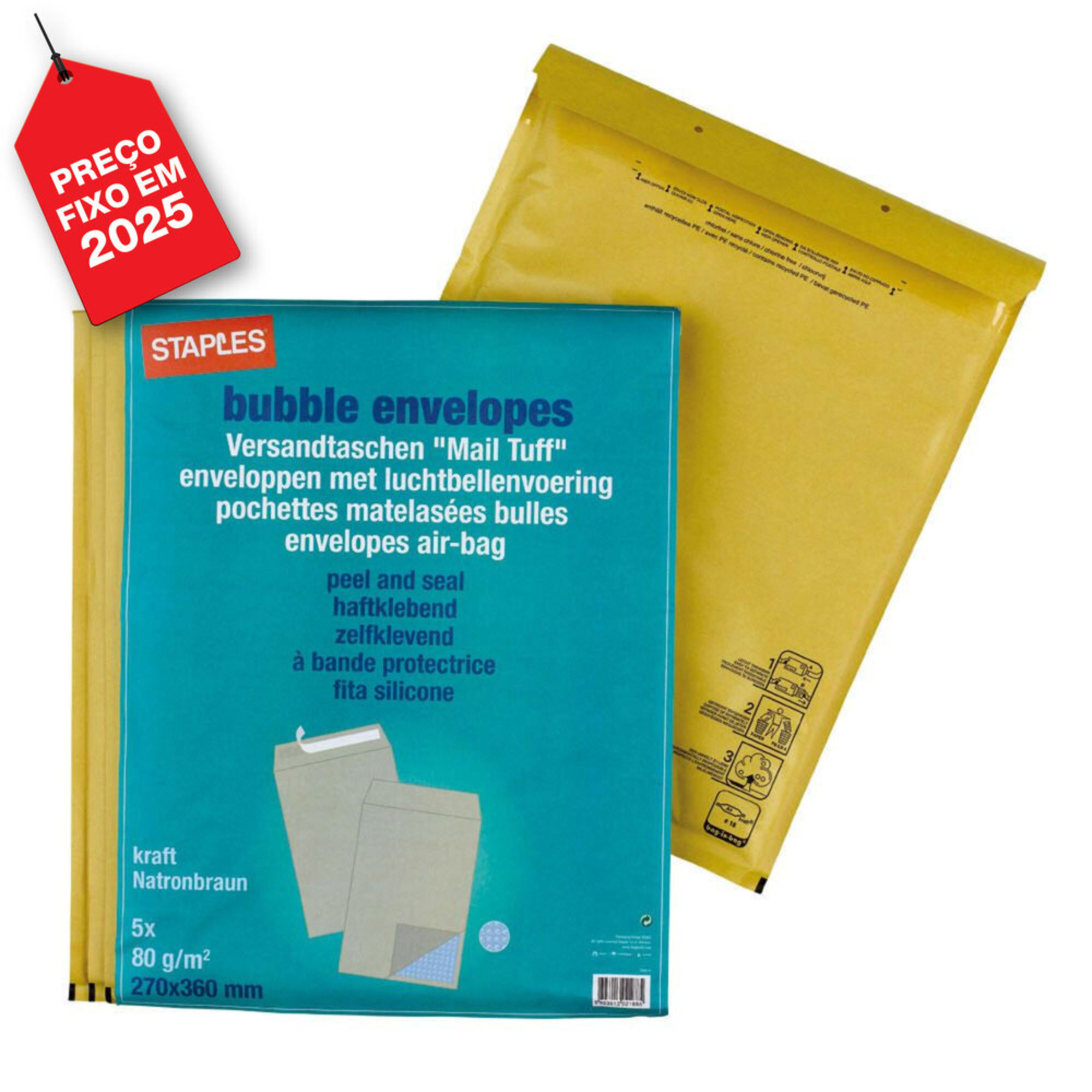 Staples Envelope de Bolhas, Autocolante, 270 x 360 mm, Kraft 709475