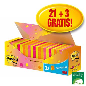 Post-it Pacote Económico Notas Aderentes 76 x 76 mm, Cores Néon, Pack 24 Blocos, 100 Folhas Cada