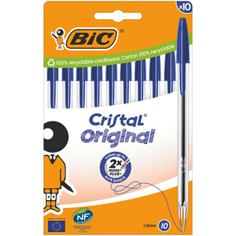 BIC Esferográfica Cristal Original, Ponta Média, Corpo Transparente, Tinta Azul, Caixa 10 Unidades