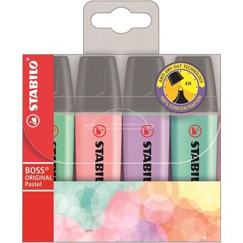 STABILO Marcador BOSS® Original Corpo Plano, Ponta de Cinzel, 2 e 5 mm, Cores Pastel Sortidas, Embalagem 4 Unidades