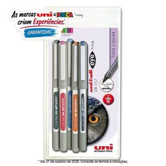 uni-ball Esferográfica Eye, Ponta de 0,7 mm, Corpo Cinzento, Tinta de Várias Cores, Pack 6 Unidades
