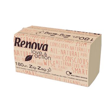 Renova Toalhas de Mão Zig-Zag Love & Action, Dobrado Zig-Zag, 180 Folhas, 220 mm, Reciclado, Cru Natural, Caixa 15 Packs