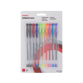 Staples Esferográfica, Ponta Média de 0,7 mm, Corpo Transparente, Tinta de Várias Cores, Pack 10 Unidades