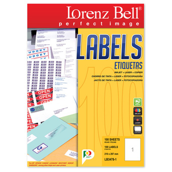 LORENZ BELL Etiquetas Auto-Adesivas, 210 x 297 mm, 1 Etiqueta/Folha, Branco, Caixa de 100 Folhas