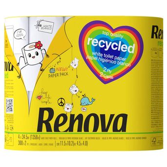 Renova Papel Higiénico de Rolo Reciclado, Folha Dupla, Branco, Pack 4 Rolos