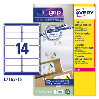 AVERY Etiquetas de Morada para Impressoras Laser, 99,1 x 38,1 mm, 15 Folhas, 14 Etiquetas por Folha, Autocolante, Branco