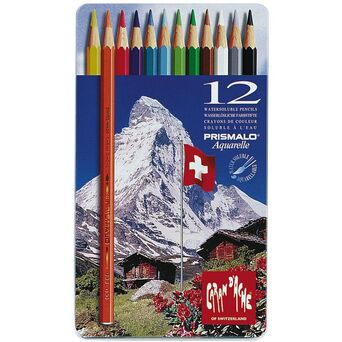 Caran D'Ache Lápis de Cor Solúveis em Água Prismalo®, Corpo Hexagonal, Caixa de 12 Cores