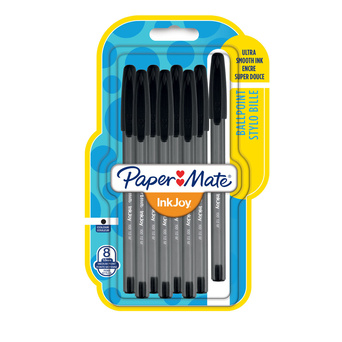 PAPER MATE Esferográfica InkJoy™ 100, Ponta Média de 1 mm, Corpo Preto Transparente, Tinta Preta, Pack 8 Unidades