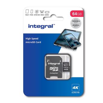 INTEGRAL MEMORY Cartão de Memória microSDXC/XC™ V30 UHS-I U3, 64 GB, 100 Mbps Velocidade Leitura, com Adaptador