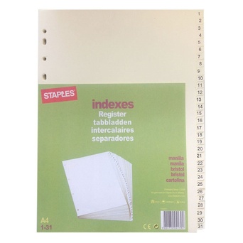 Staples Separador Pré-Impresso, Cartão, 31 Secções, A4