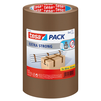 tesa Fita de Embalagem PVC Extra forte Desbobinagem silenciosa, 50 mm x 66 m, Castanho, Pack 3 X 66 Metros