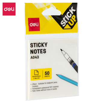 DELI Bloco de Notas Aderentes Sticky Notes, PET, 76 x 76 mm, 50 Folhas, Transparente