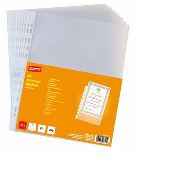 Staples Bolsa Perfurada, A4, 11 Orifícios, Polipropileno, 75 Mícrones, Suave, Transparente, Pack 25 Unidades